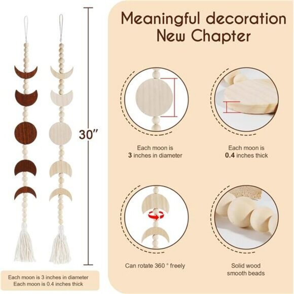Moon Phase Wall Hanging Boho Wood Bead Tassel Decor for Bedroom Living Room - Picture 3 of 7
